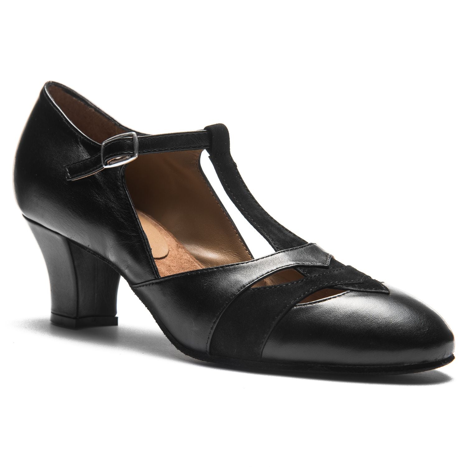 Schwarze 9233 Damen-Swingschuhe von Rumpf mit T-Riemen, kräftigem Absatz und seitlichem Schnallenverschluss.